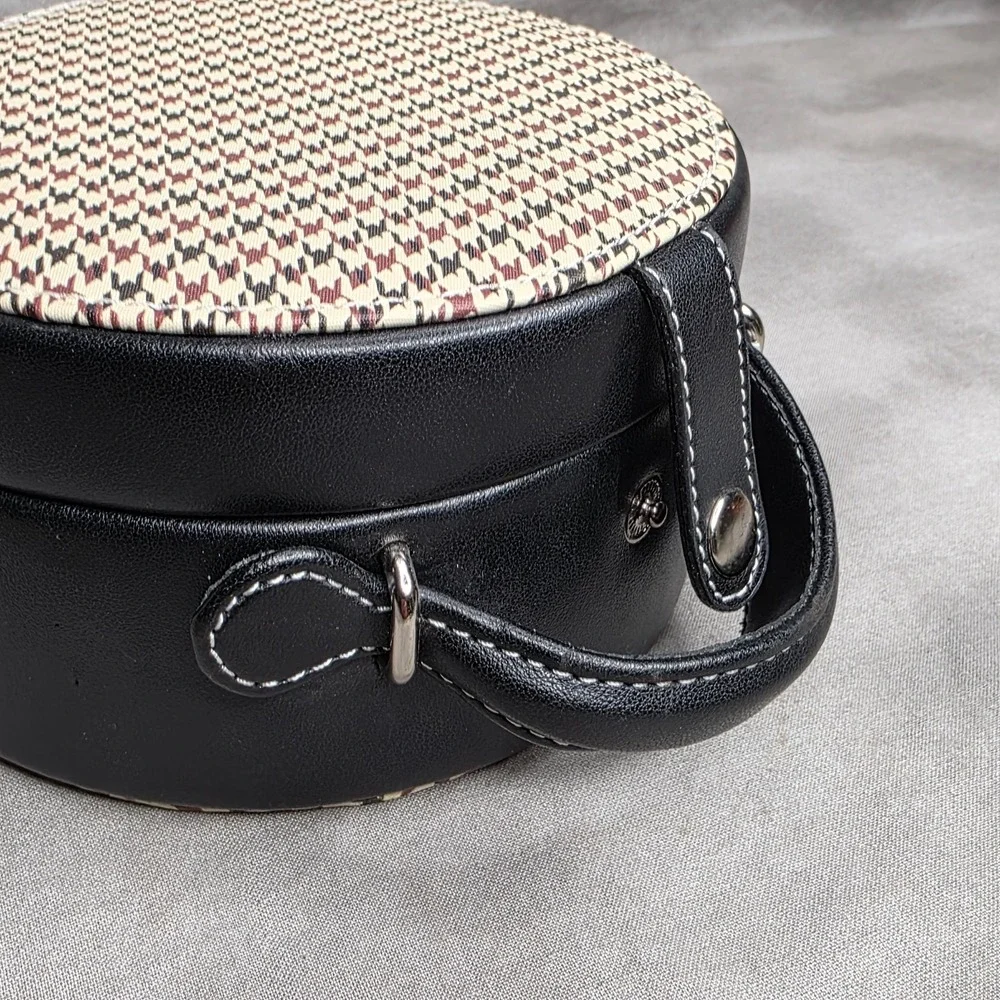 Vanity Jewelry Case Houndstooth Inset‎ & Black Leather Inside Mirror w/Pocket